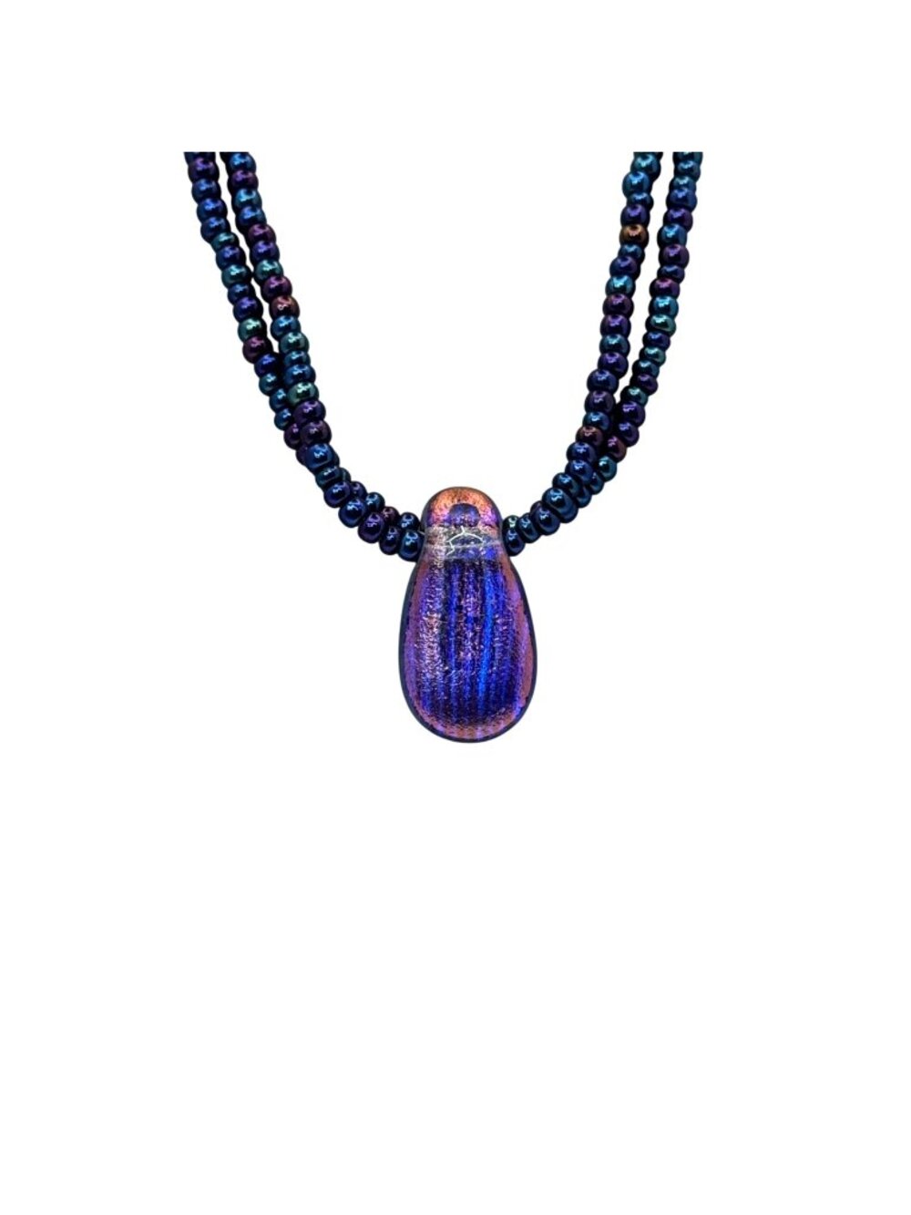 Dichroic Glass Pendant Beaded Necklace Sterling Silver Clasp Beads SIGNED 18"